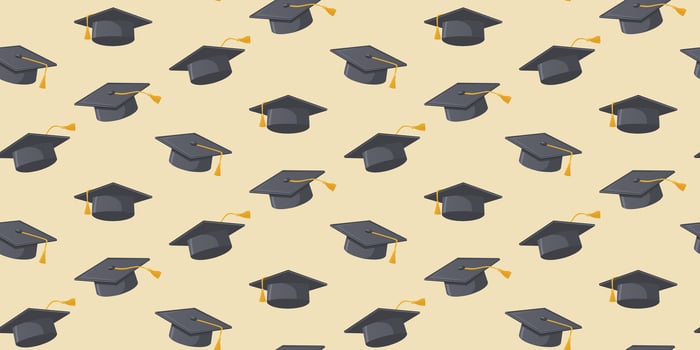 Pattern with graduate caps on a beige background. Seamless pattern with black and gray graduation caps with yellow tassels. For graduation wallpaper, wrap, fabric. vector