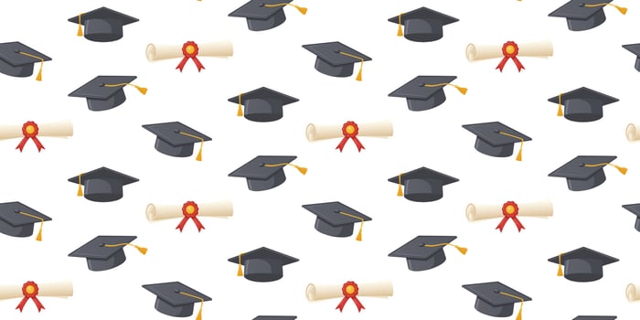 Seamless pattern with graduation caps and diplomas on a white background. Mortarboards with yellow tassels and diplomas tied with red ribbons. For graduation wallpaper, invitation and banner. vector