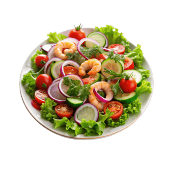 a salad with shrimp, tomatoes, cucumbers and onions png