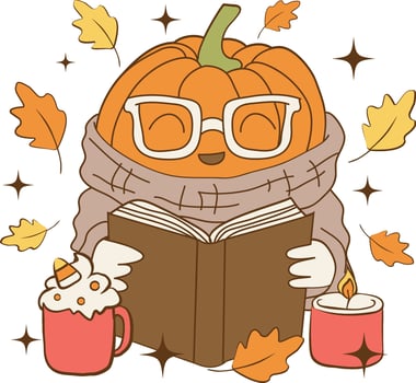 Cute Pumpkin Reading Clipart ,Cozy autumn vibes with a pumpkin in glasses reading a book, surrounded by a hot drink, candle, and fall leaves. Ideal for cards, posters, stickers, and seasonal designs vector