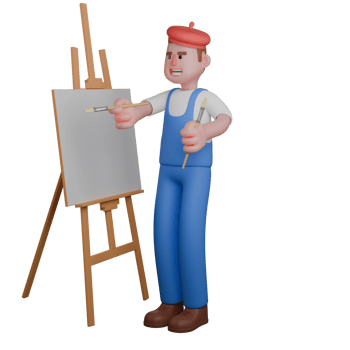 Illustrated 3D Artist. An artist is holding two paintbrushes and standing in front of a blank canvas on an easel. Male Painter png
