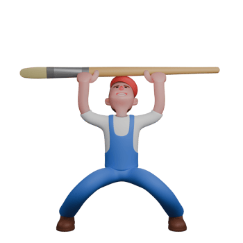 3D Animated Painter. a painter standing with legs wide apart, lifting a large brush above his head. Male Art Specialist png