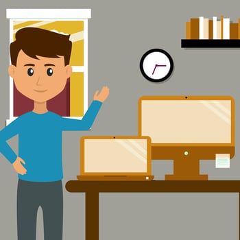 A young man cartoon shows his room which has a study room and computer vector