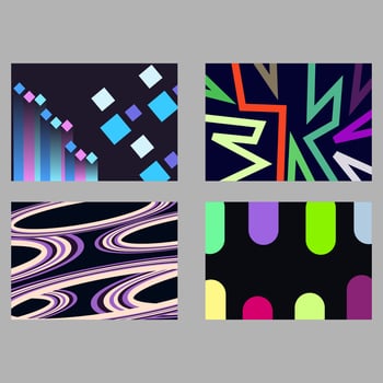 This image features four distinct abstract geometric designs each set against a dark background vector
