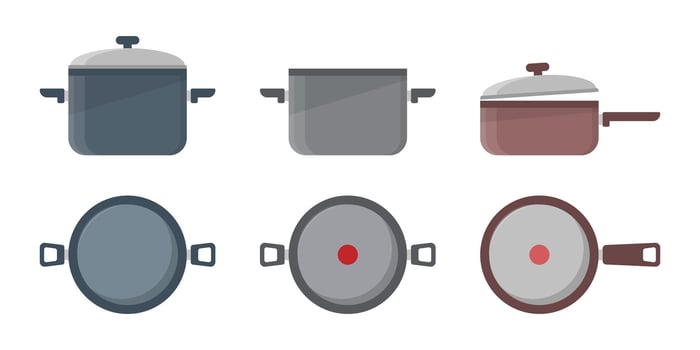 Cooking pots icons set in flat style. Saucepan illustration on isolated background. Pan sign business concept. vector