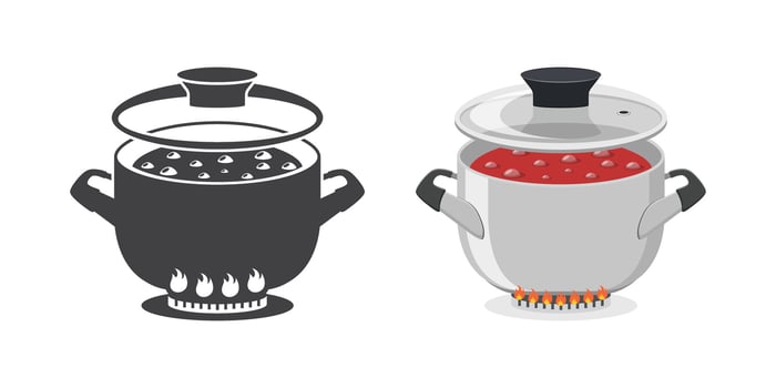 Two pots with food and a fire vector