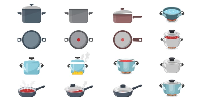 Cooking pots icons set in flat style. Saucepan illustration on isolated background. Pan sign business concept. vector
