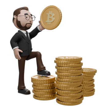 a professional character standing on a stack of coins and holding a large Bitcoin, symbolizing cryptocurrency, financial success, investment, and wealth. png