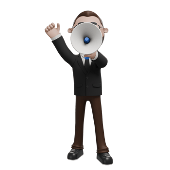 The image shows a professional character in a suit using a megaphone and giving a thumbs-up gesture, which conveys communication, announcement, or leadership. png