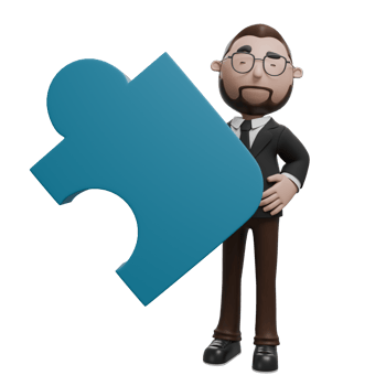 The image depicts a professional character holding a large blue puzzle piece, symbolizing problem-solving, teamwork, or finding the missing piece in a business context. png