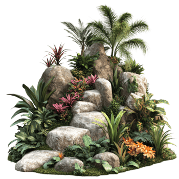 A garden with large rocks and tropical plants, isolated on a transparent background. png