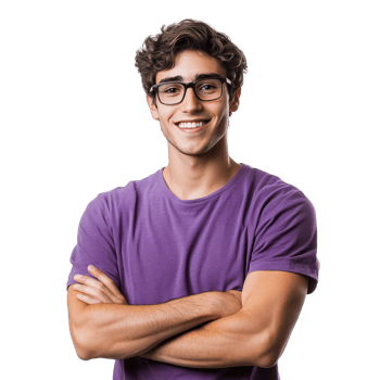 A young, handsome man with a cheerful smile, wearing a purple shirt and glasses, stands with his arms crossed against a transparent background. png