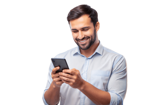 PNG smiling man in white shirt texting on smartphone transparent