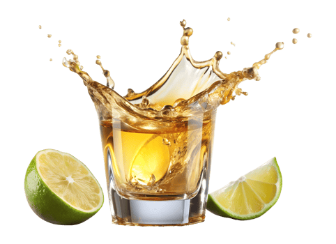 PNG Golden tequila splash in shot glass with lime slices transparent