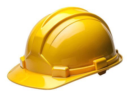 Bright yellow hard hat resting on a flat surface, symbolizing safety in construction and industrial work environments today, transparent png
