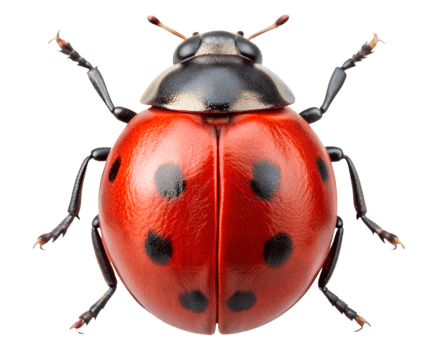 Close-up view of a vibrant red ladybug with black spots resting on a white background during a sunny day, transparent png