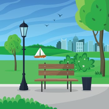 City park with bench and street lamp. Park concept with lake and sailboat. vector