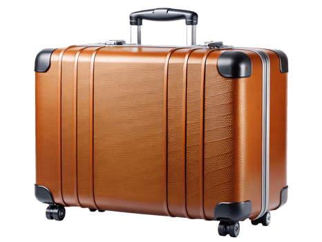 Stylish brown suitcase with wheels ready for travel, showcasing a modern design ideal for journeys, transparent png