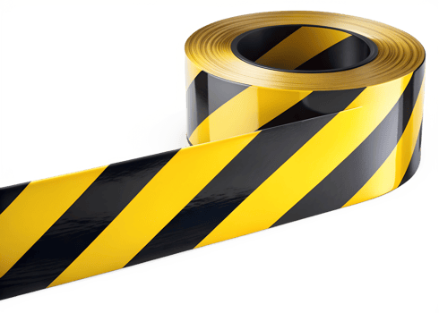 Yellow and black caution tape roll used for safety awareness at construction sites or hazardous areas during daytime, transparent png