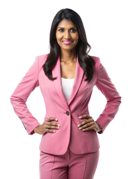 Confident business professional in pink suit poses with hands on hips against a white background, transparent png