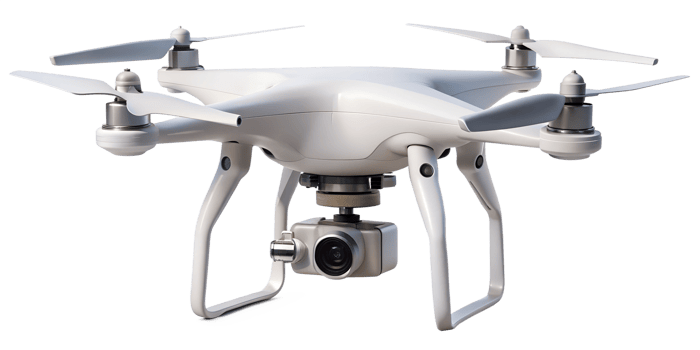 Drone hovering in mid-air above a landscape during daylight, cut out transparent png