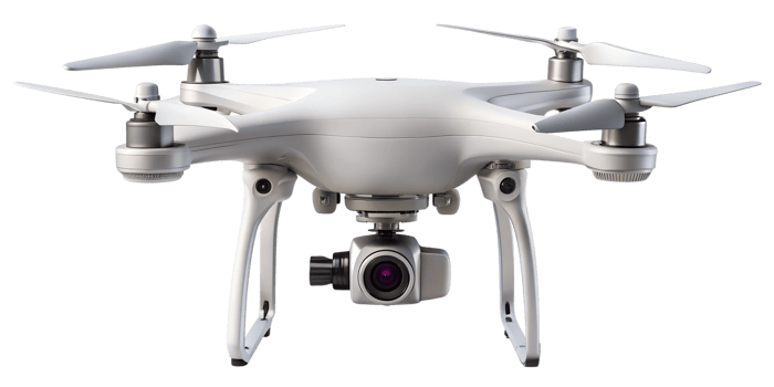 Aerial drone with camera hovering in clear blue sky during daytime, cut out transparent png