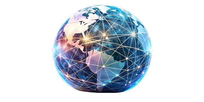 Glowing lines show global network connections and continents, cut out transparent png