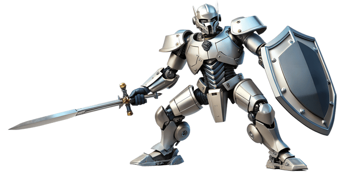A silver robot knight wielding a sword and shield in a dynamic pose, cut out transparent png