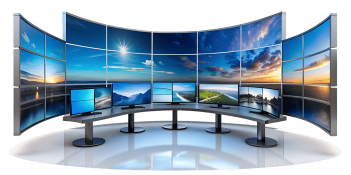 Modern workstation with multiple curved displays showcasing landscapes, cut out transparent png