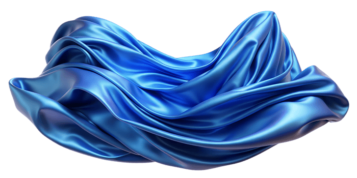 Flowing blue silk fabric draped elegantly with soft folds and sheen, cut out transparent png