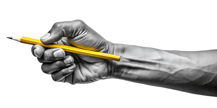 A hand gripping a yellow pencil against, cut out transparent png