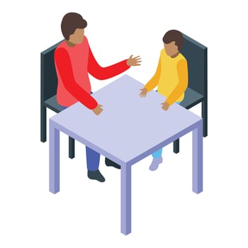 Social worker talking to a young boy sitting at a desk vector