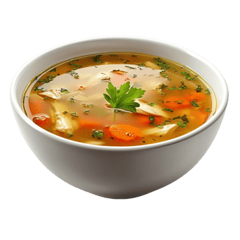 Bowl of Clear Broth Soup with Orange Vegetables on Transparent background png