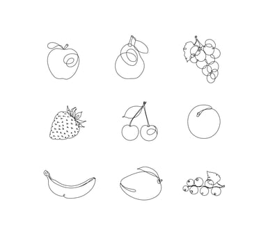 Fruits icons apple, pear, grape, strawberry, cherry, apricot, banana, mango, currant in pen line drawing style on white background vector