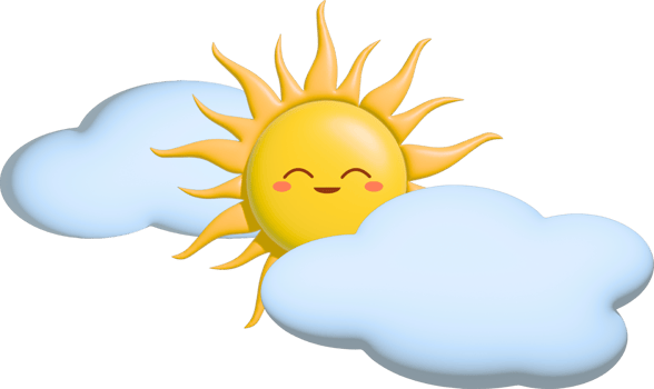 charming 3D icon of a cute, smiling sun with fluffy clouds in front and behind. The playful design features bright colors and soft shapes, ideal children's content, and summer-themed projects. png