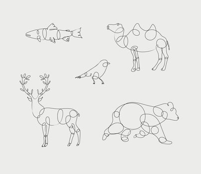 Set of animals fish, camel, bird, deer, bear drawing in pen line style on light background vector