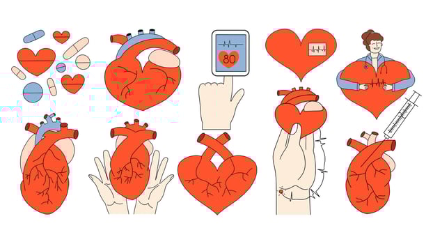 Large cardiological set. Heart, pulse oximeter, cardiologist, pills. illustration in hand drawn style vector