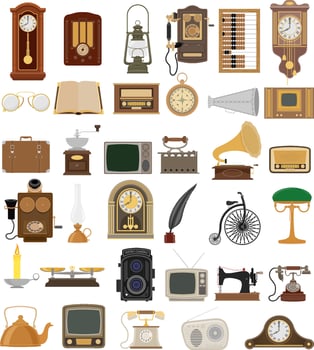 big set of much objects retro old vintage icons stock illustration isolated on white background vector