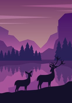 Silhouette of deer standing on the hill in night valley. Magical misty pink and blue gradient illustration. vector