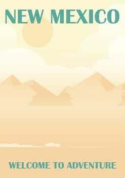 Retro style travel poster, United States, New Mexico. Desert Highway and a passing car illustration vector