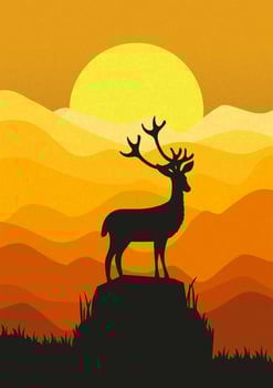 Silhouette of deer standing on the cliff in the dusk. Magical misty landscape, sunset gradient illustration vector
