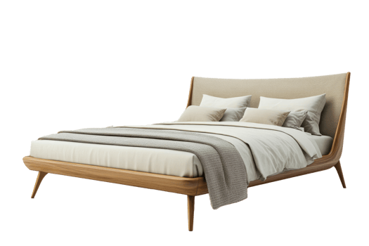 Modern double bed with pillows and blankets. Bedroom furniture png