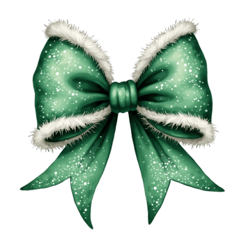 green bow with fluffy white edges is adorned with small stars, giving it a festive and almost magical appearance. cutouts png