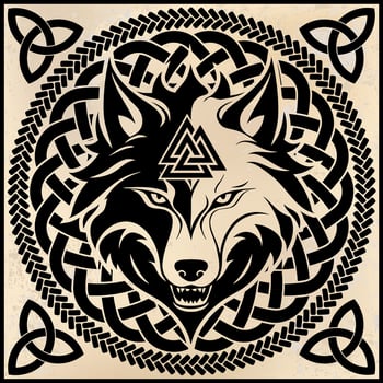 fenrir viking mythology wolf head symbol on ornamental background vector