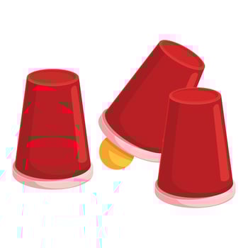 Magician hiding ball under red cup street magic performance vector