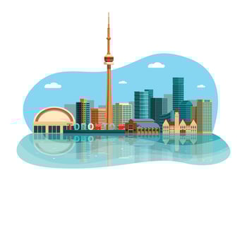 Toronto skyline reflecting on water with famous landmarks vector