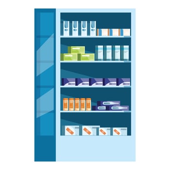 Pharmacy drugstore shelf stocked with medicine packages displaying healthcare products vector