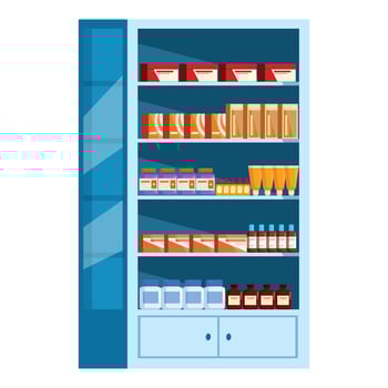 Pharmacy drugstore shelf displaying medical products and pills vector
