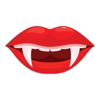 Red vampire lips showing fangs on white background vector