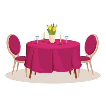 Round table with wine glasses and candles for romantic dinner date vector